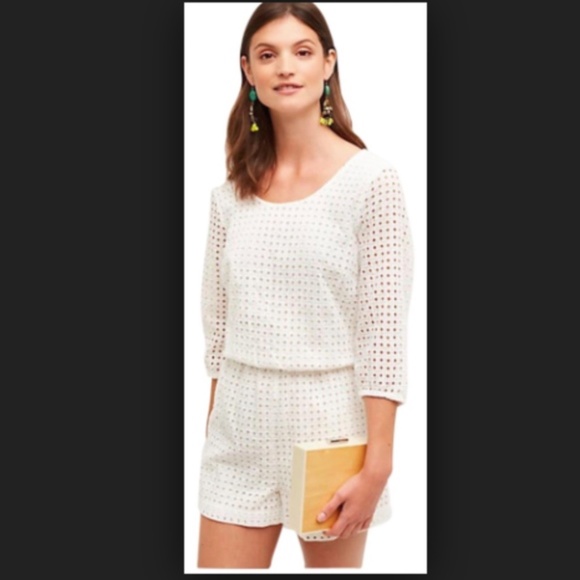 Anthropologie Lilka Women's White Eyelet Bow Back 3/4 Sleeve Romper - Picture 2 of 7
